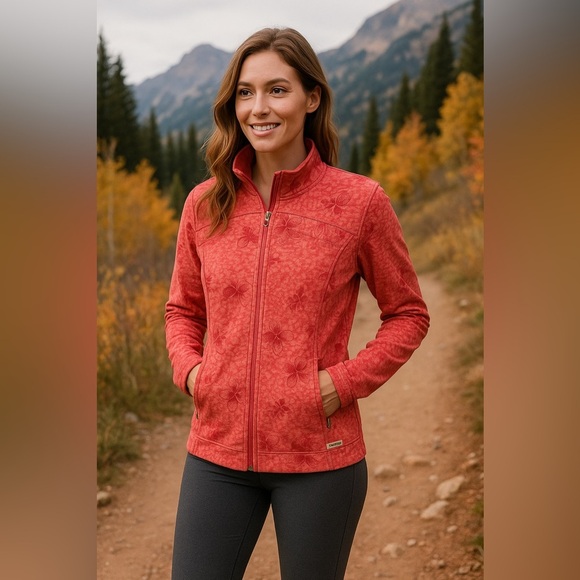 Merrell Jackets & Blazers - Merrell Opti-Wick Full Zip Knit Light Jacket Floral Pockets Red Orange Sz Small
